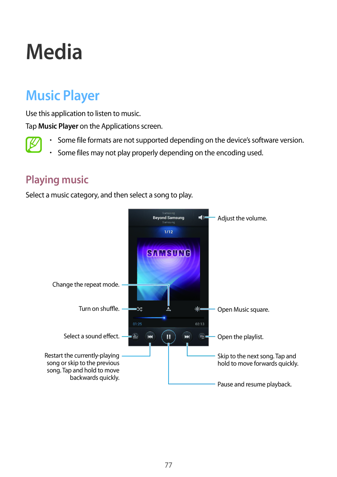 Samsung GT-N7100TAXPHE, GT-N7100ZNDTUR, GT-N7100ZBDTUR, GT-N7100TAXDBT, GT-N7100RWDXEO Media, Music Player, Playing music 