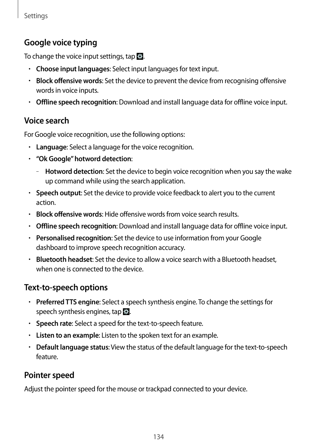 Samsung GT-N7100TAXETL, GT-N7100ZNDTUR manual Google voice typing, Voice search, Text-to-speech options, Pointer speed 