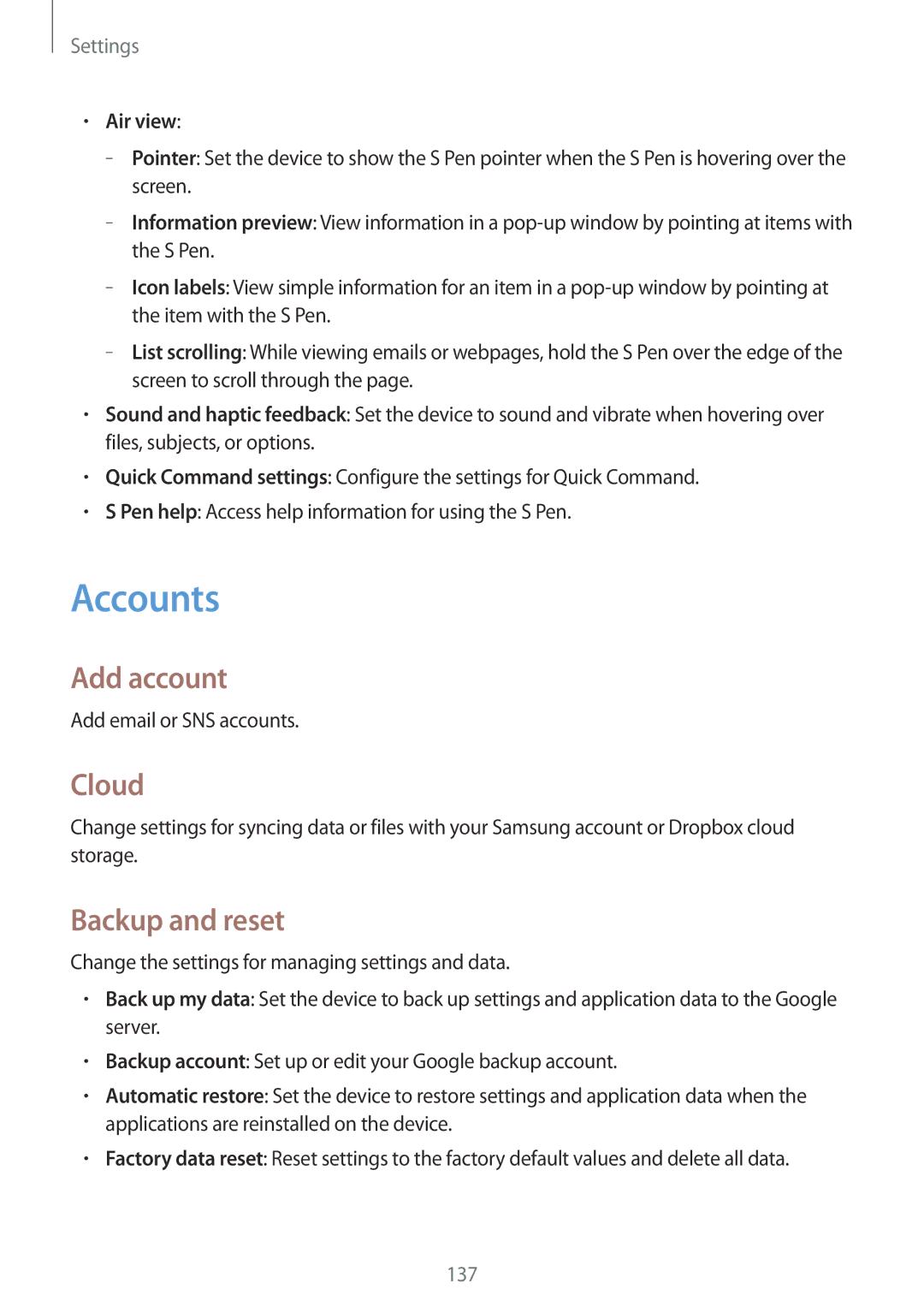 Samsung GT2N7100RWDETL, GT-N7100ZNDTUR, GT-N7100ZBDTUR manual Accounts, Add account, Cloud, Backup and reset, Air view 