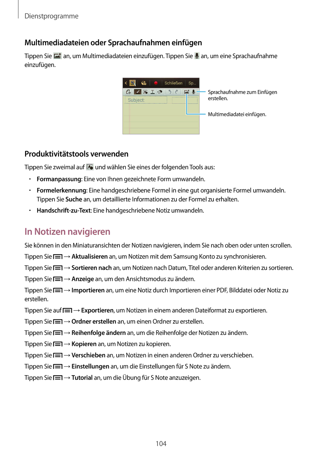 Samsung GT-N7100RWDATO Notizen navigieren, Multimediadateien oder Sprachaufnahmen einfügen, Produktivitätstools verwenden 