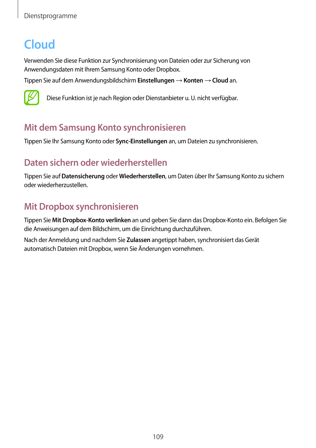 Samsung GT-N7100TADXEO, GT-N7100ZNDTUR Cloud, Mit dem Samsung Konto synchronisieren, Daten sichern oder wiederherstellen 