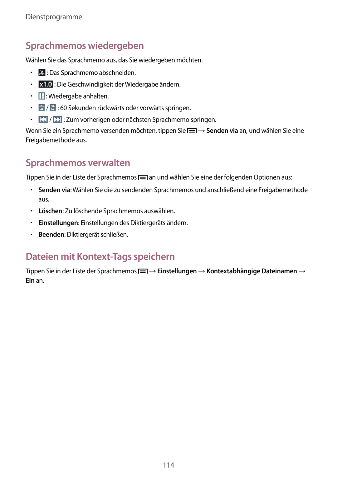 Samsung GT-N7100RWDXEO, GT-N7100ZNDTUR Sprachmemos wiedergeben, Sprachmemos verwalten, Dateien mit Kontext-Tags speichern 