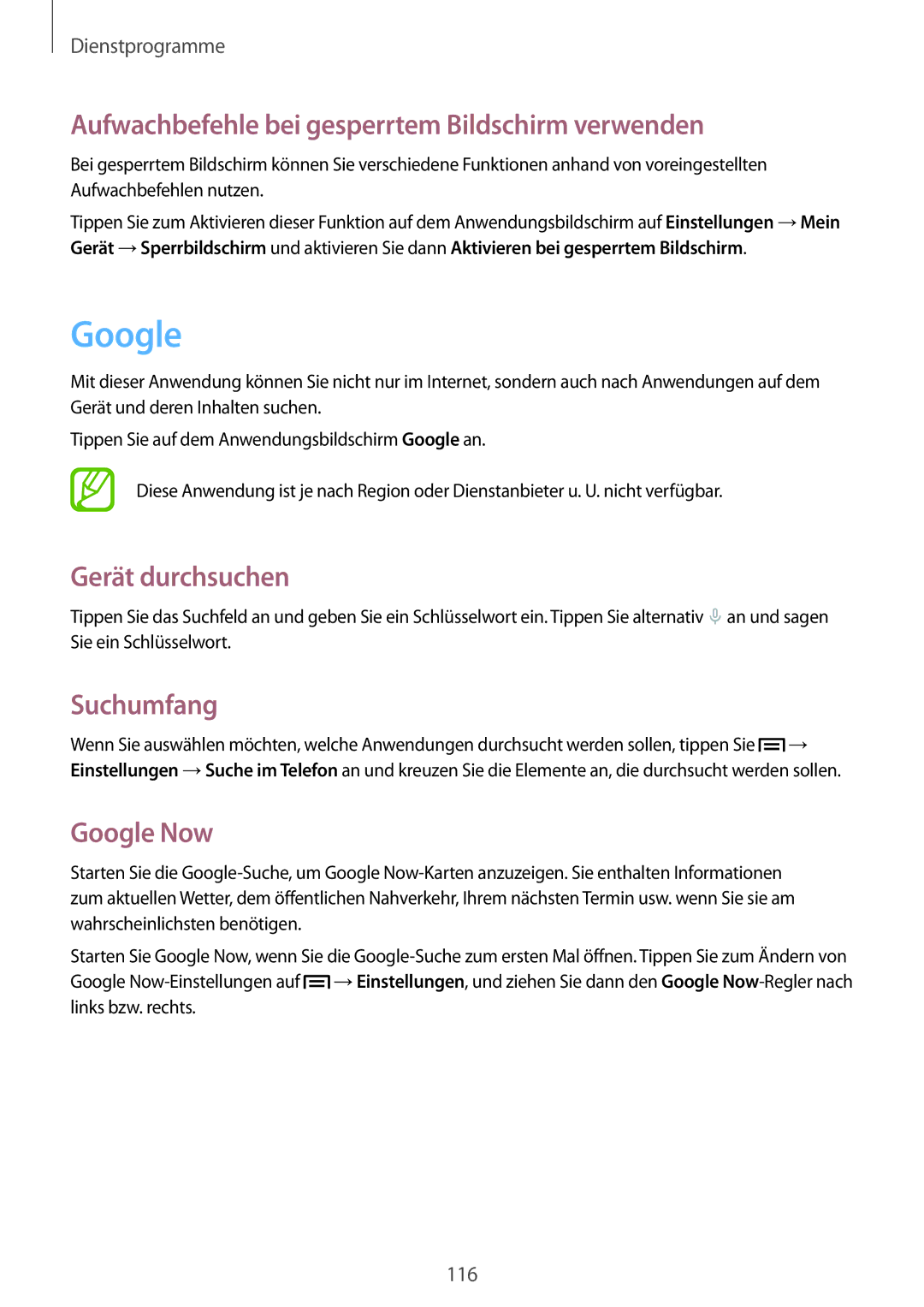 Samsung GT-N7100RWDDBT manual Google, Aufwachbefehle bei gesperrtem Bildschirm verwenden, Gerät durchsuchen, Suchumfang 