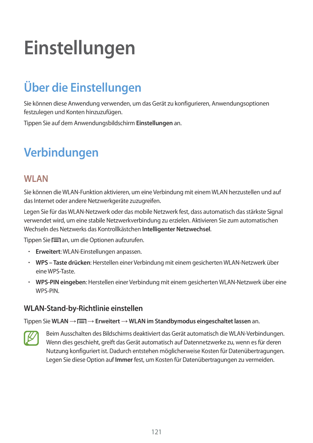 Samsung GT-N7100RWDWIN, GT-N7100ZNDTUR manual Über die Einstellungen, Verbindungen, WLAN-Stand-by-Richtlinie einstellen 
