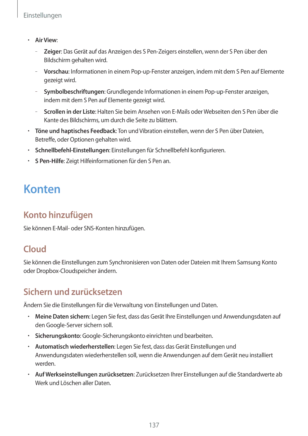 Samsung GT-N7100RWDTUR, GT-N7100ZNDTUR, GT-N7100ZBDTUR Konten, Konto hinzufügen, Cloud, Sichern und zurücksetzen, Air View 