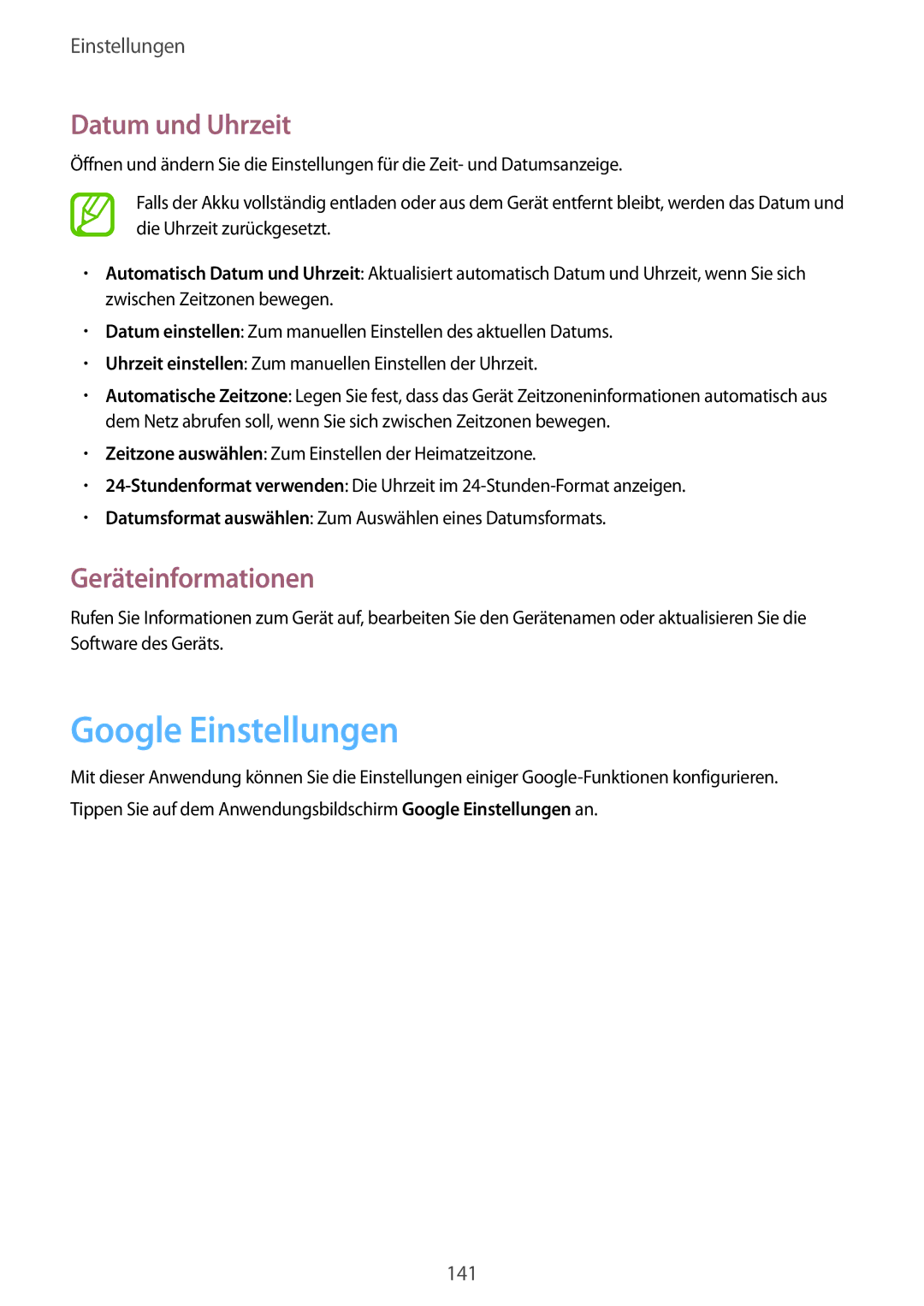 Samsung GT-N7100RWDATO, GT-N7100ZNDTUR, GT-N7100ZBDTUR manual Google Einstellungen, Datum und Uhrzeit, Geräteinformationen 
