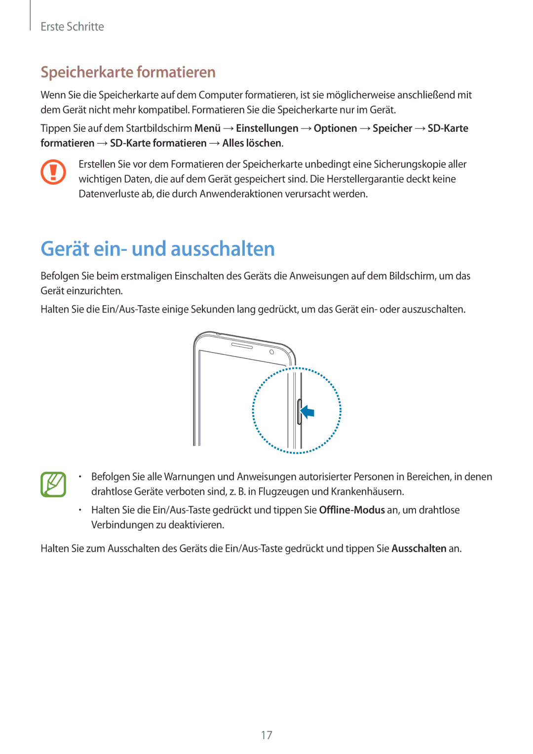 Samsung GT-N7100VSDDBT, GT-N7100ZNDTUR, GT-N7100ZBDTUR, GT-N7100TAXDBT Gerät ein- und ausschalten, Speicherkarte formatieren 