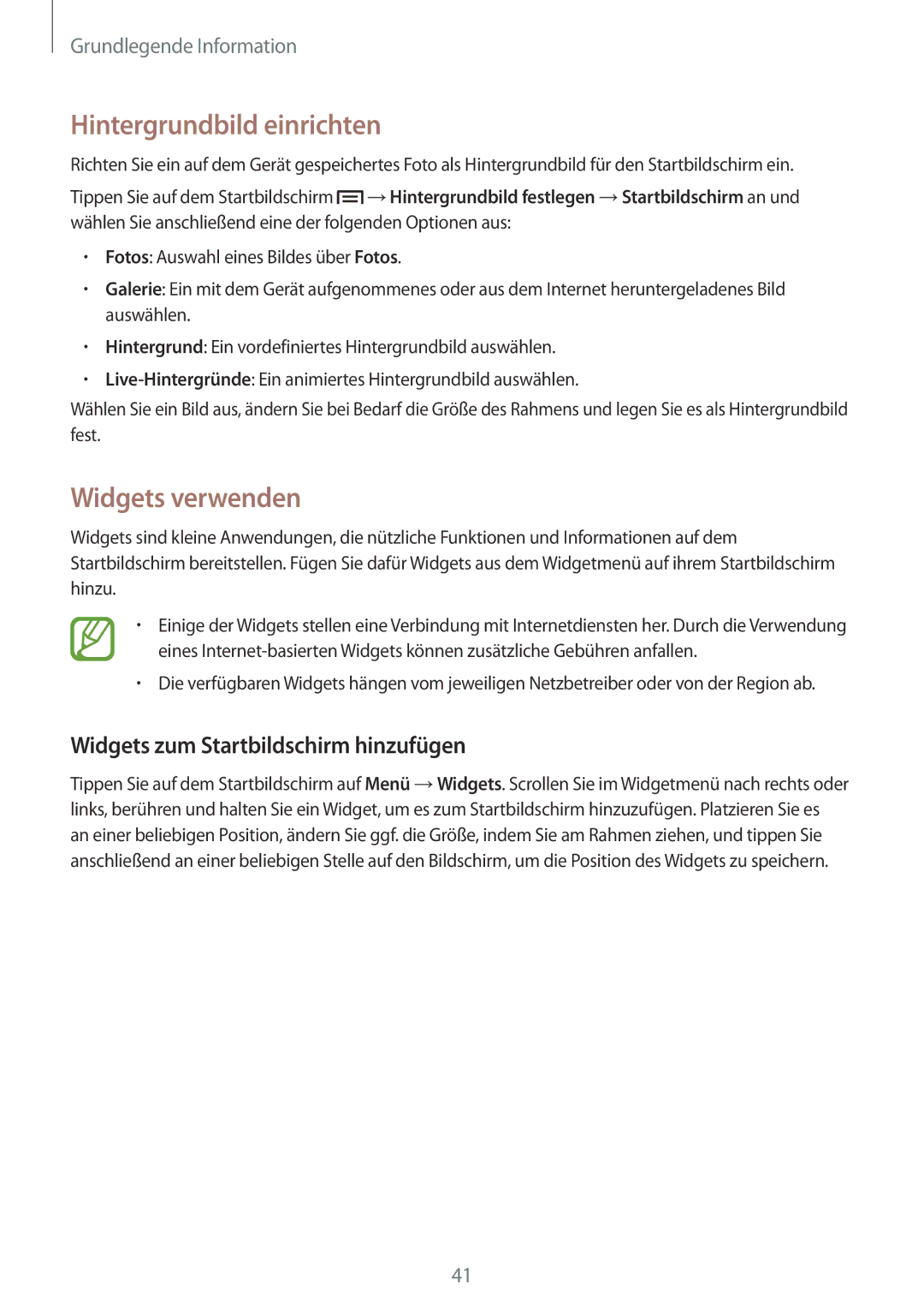 Samsung GT-N7100RWDTPH manual Hintergrundbild einrichten, Widgets verwenden, Widgets zum Startbildschirm hinzufügen 