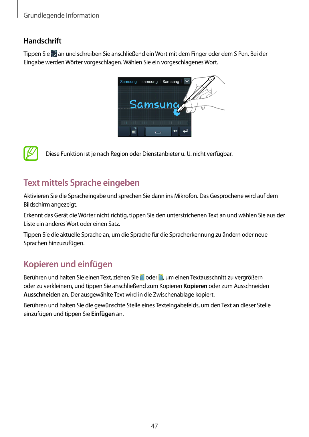 Samsung GT-N7100RWDWIN, GT-N7100ZNDTUR, GT-N7100ZBDTUR Text mittels Sprache eingeben, Kopieren und einfügen, Handschrift 