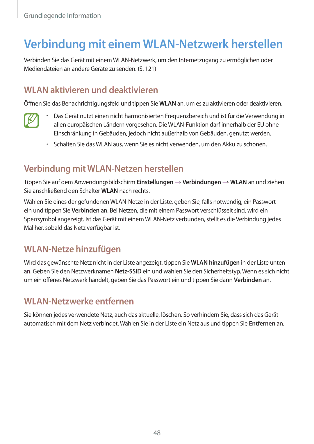 Samsung GT-N7100RWDMBC Wlan aktivieren und deaktivieren, Verbindung mit WLAN-Netzen herstellen, WLAN-Netze hinzufügen 