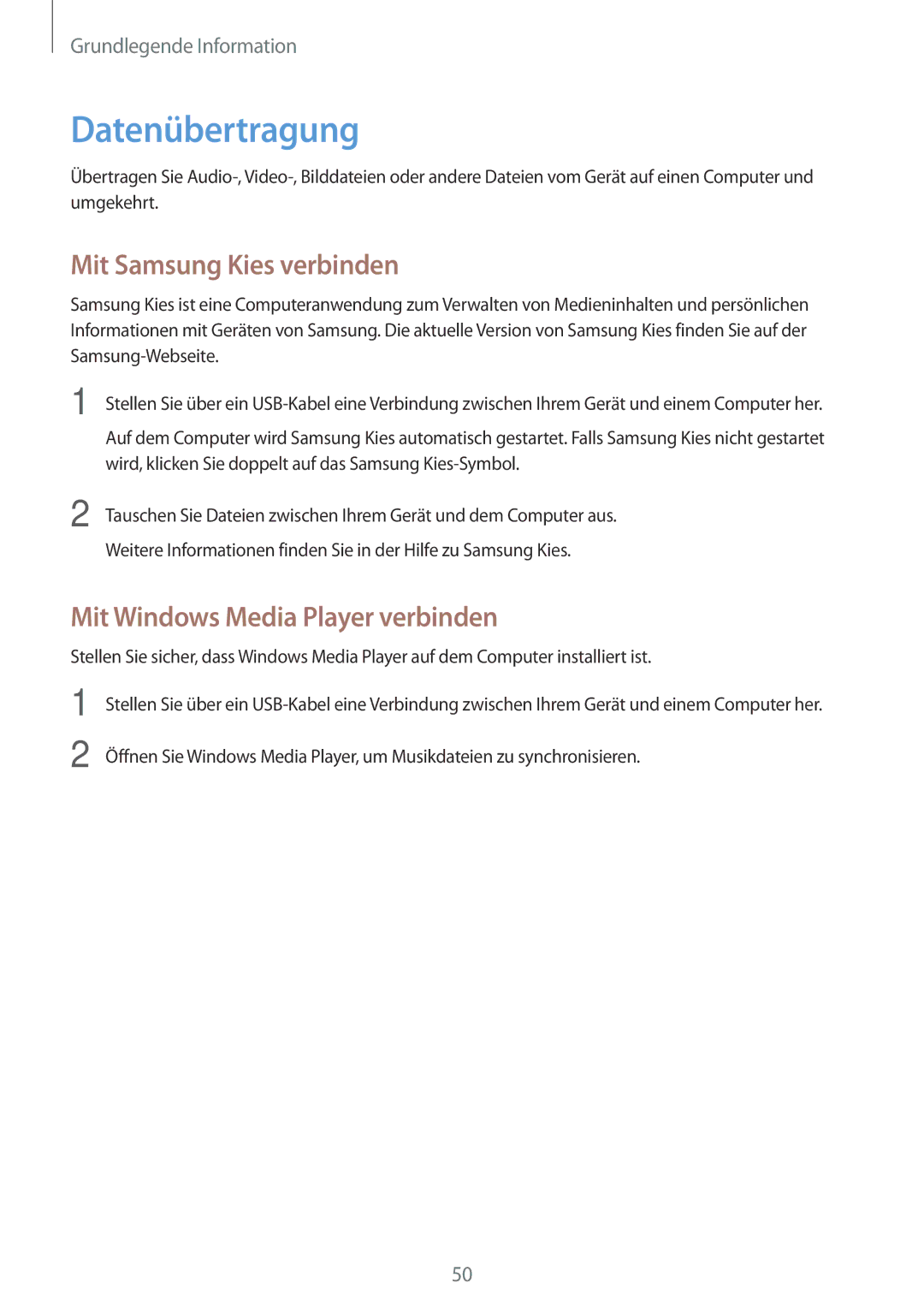 Samsung GT-N7100TADTUR, GT-N7100ZNDTUR Datenübertragung, Mit Samsung Kies verbinden, Mit Windows Media Player verbinden 