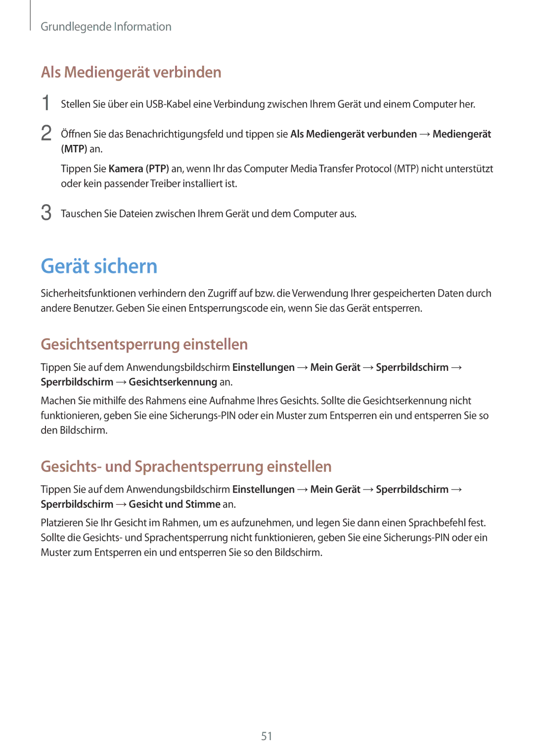 Samsung GT-N7100TADMBC, GT-N7100ZNDTUR manual Gerät sichern, Als Mediengerät verbinden, Gesichtsentsperrung einstellen 