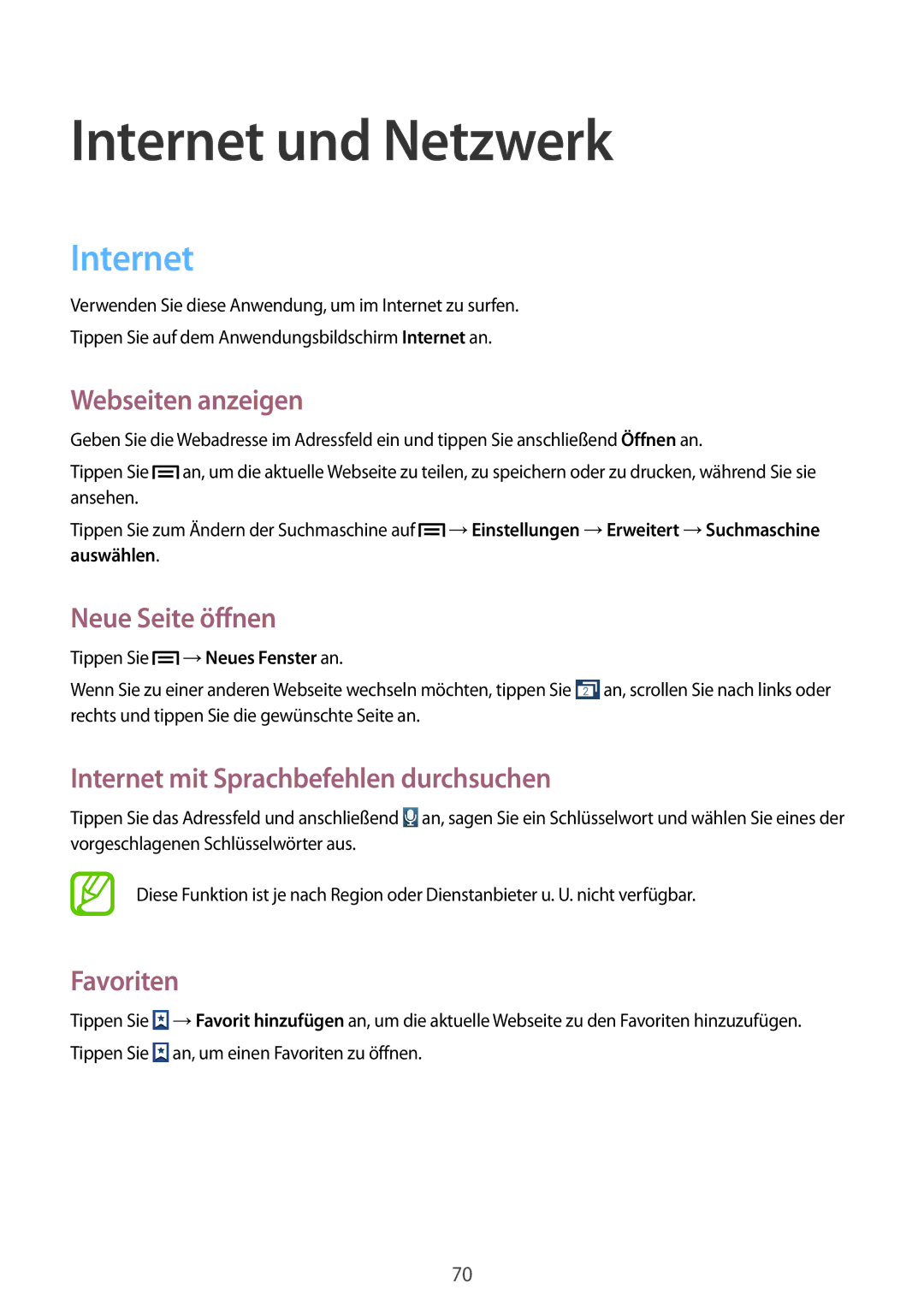 Samsung GT-N7100ZNDDBT manual Webseiten anzeigen, Neue Seite öffnen, Internet mit Sprachbefehlen durchsuchen, Favoriten 