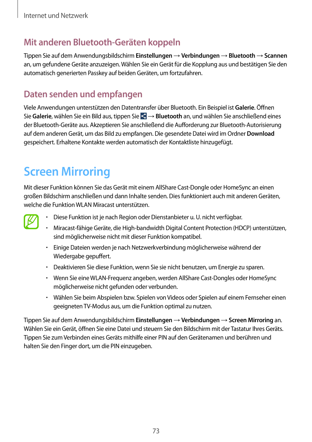 Samsung GT-N7100TADSFR, GT-N7100ZNDTUR Screen Mirroring, Mit anderen Bluetooth-Geräten koppeln, Daten senden und empfangen 