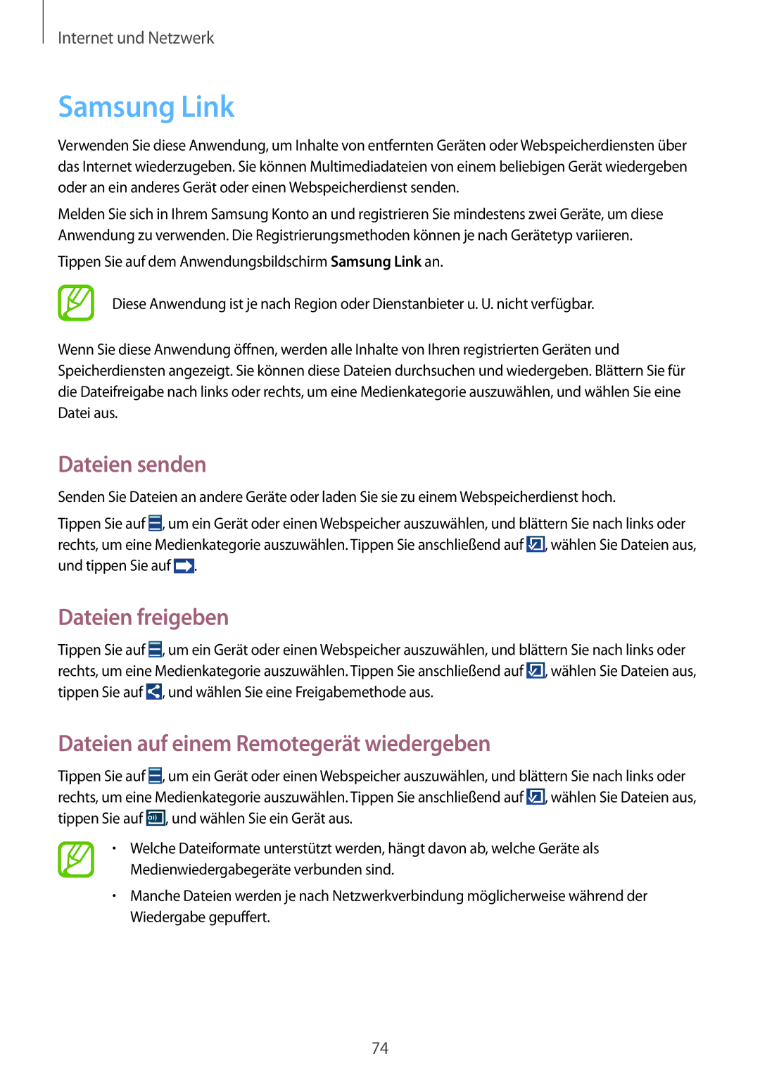 Samsung GT-N7100ZNDTUR manual Samsung Link, Dateien senden, Dateien freigeben, Dateien auf einem Remotegerät wiedergeben 