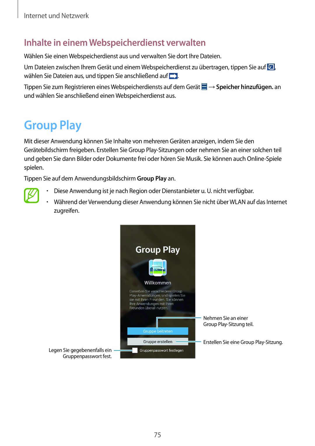 Samsung GT-N7100ZBDTUR, GT-N7100ZNDTUR, GT-N7100TAXDBT manual Group Play, Inhalte in einem Webspeicherdienst verwalten 