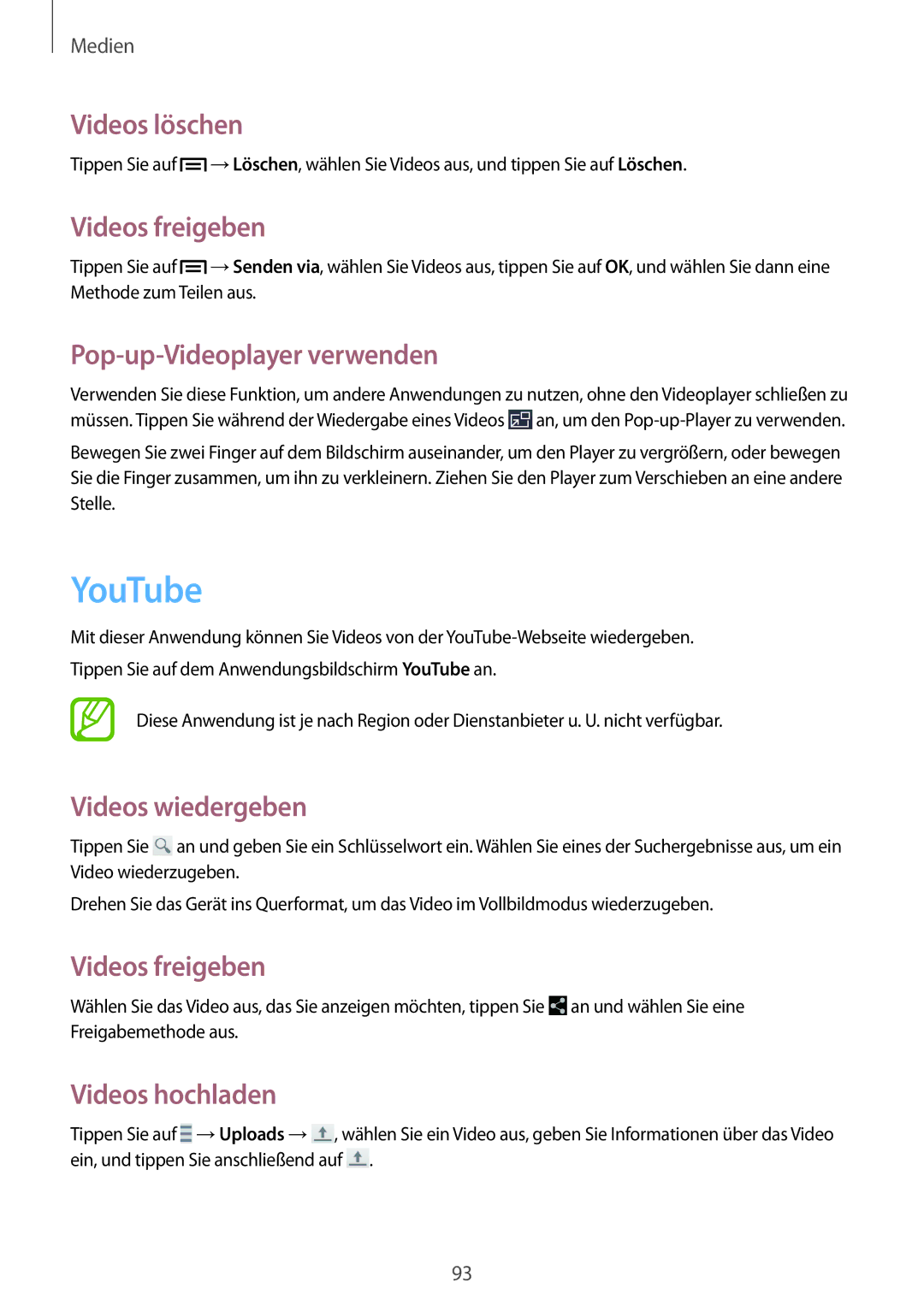 Samsung GT-N7100RWDEUR manual YouTube, Videos löschen, Videos freigeben, Pop-up-Videoplayer verwenden, Videos hochladen 