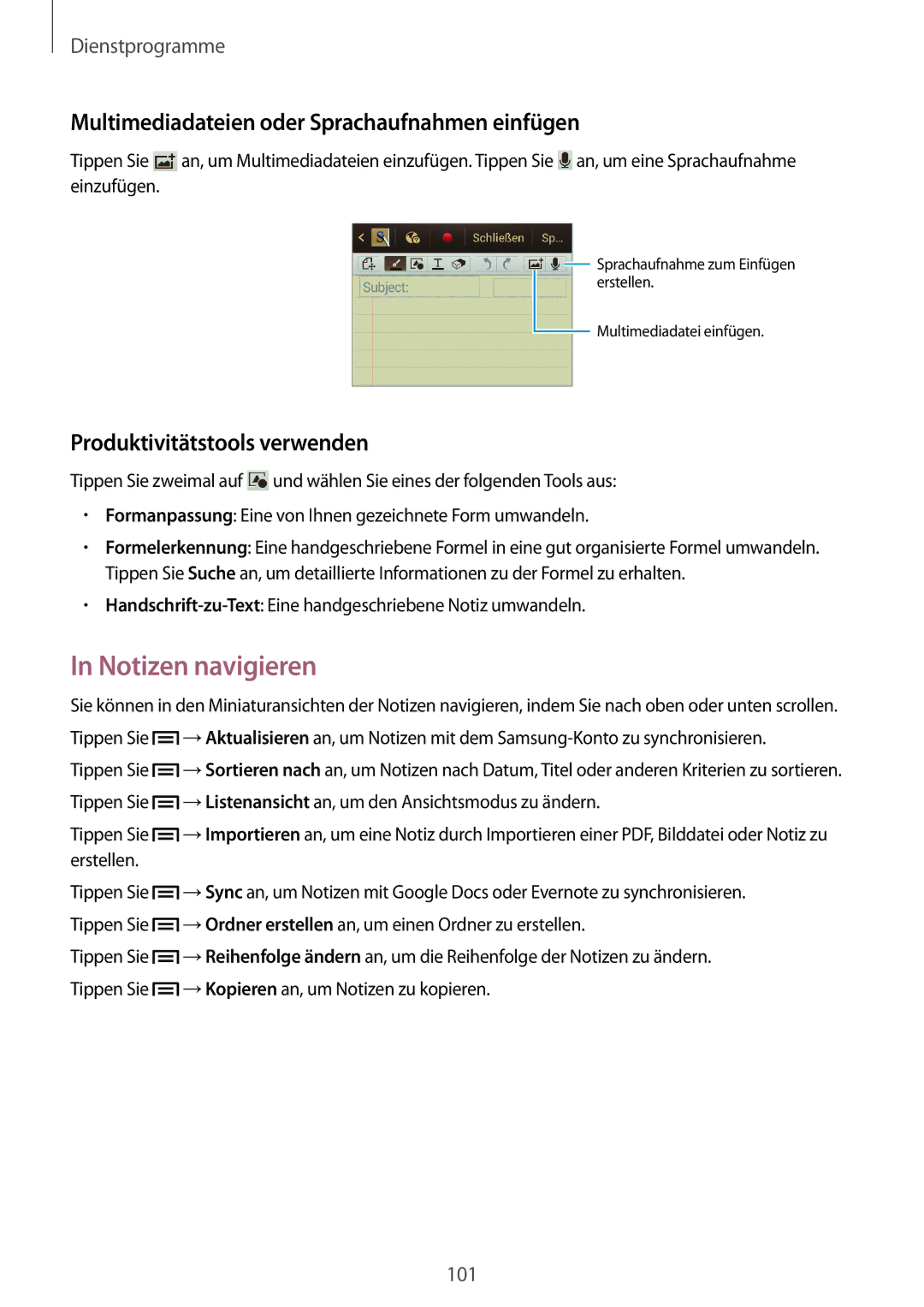 Samsung GT-N7100TADITV, GT-N7100ZNDTUR manual Multimediadateien oder Sprachaufnahmen einfügen, Produktivitätstools verwenden 