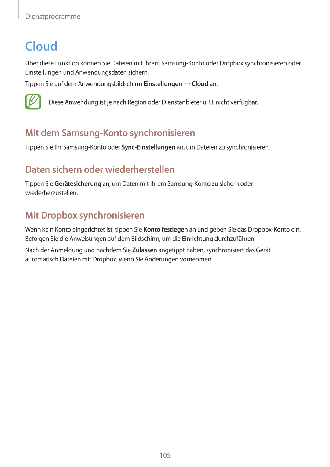 Samsung GT-N7100RWDVD2, GT-N7100ZNDTUR Cloud, Mit dem Samsung-Konto synchronisieren, Daten sichern oder wiederherstellen 
