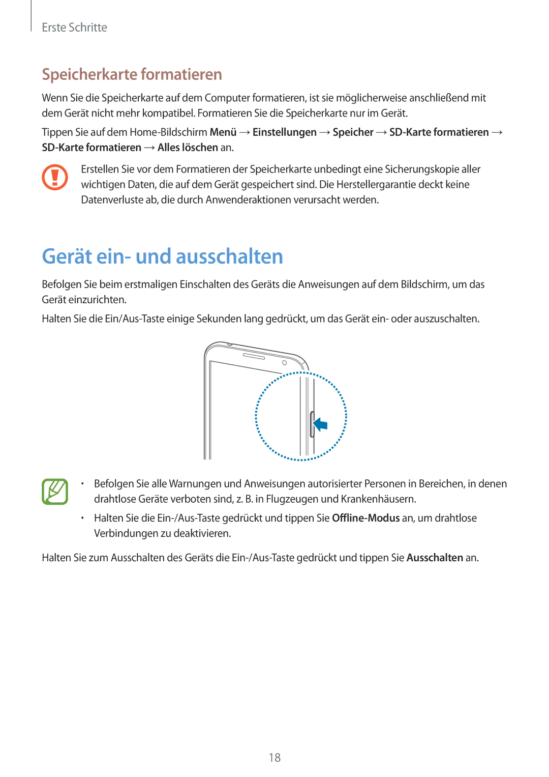 Samsung GT-N7100TADDTM, GT-N7100ZNDTUR, GT-N7100ZBDTUR, GT-N7100TAXDBT Gerät ein- und ausschalten, Speicherkarte formatieren 