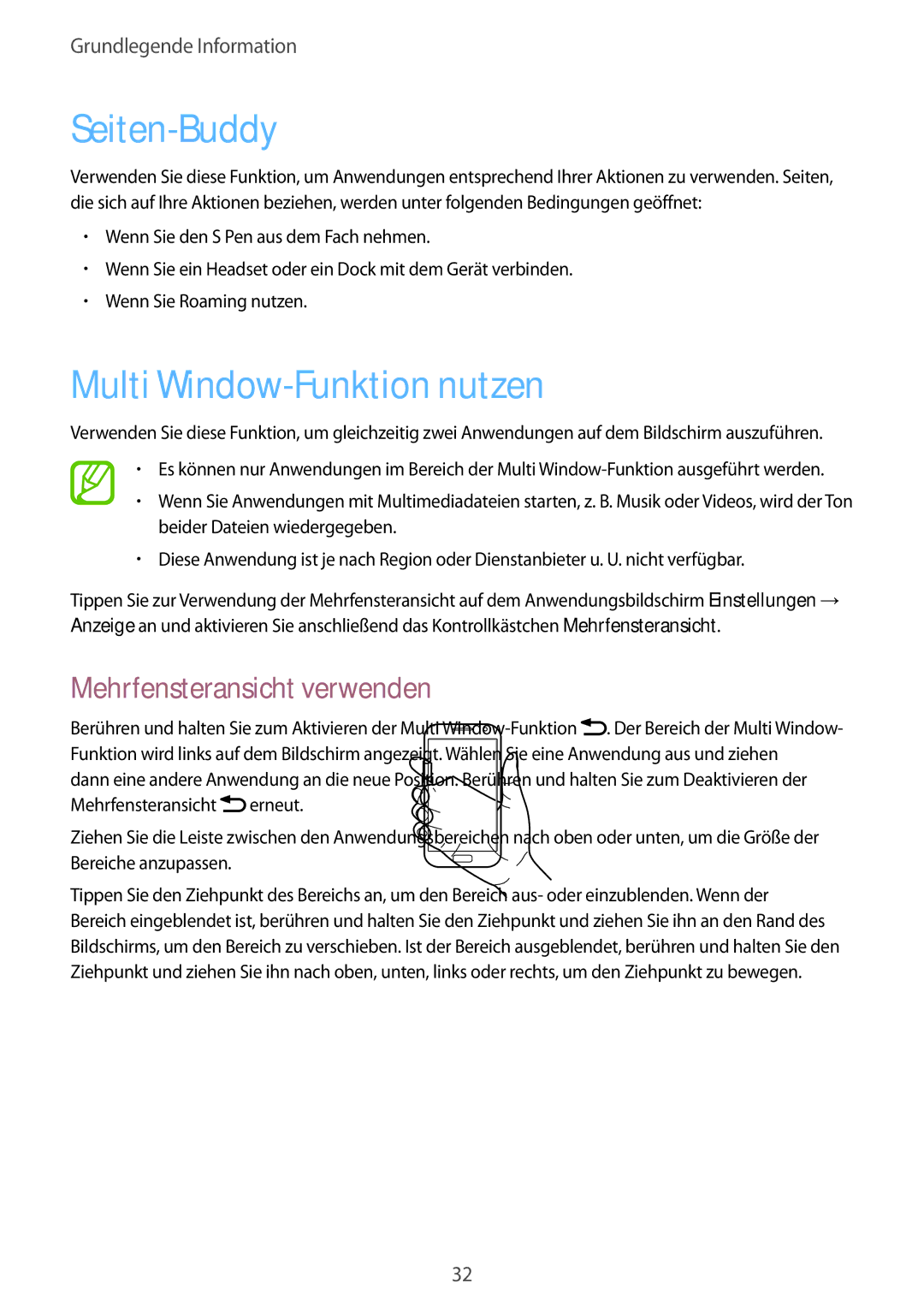 Samsung GT-N7100TADO2U, GT-N7100ZNDTUR manual Seiten-Buddy, Multi Window-Funktion nutzen, Mehrfensteransicht verwenden 