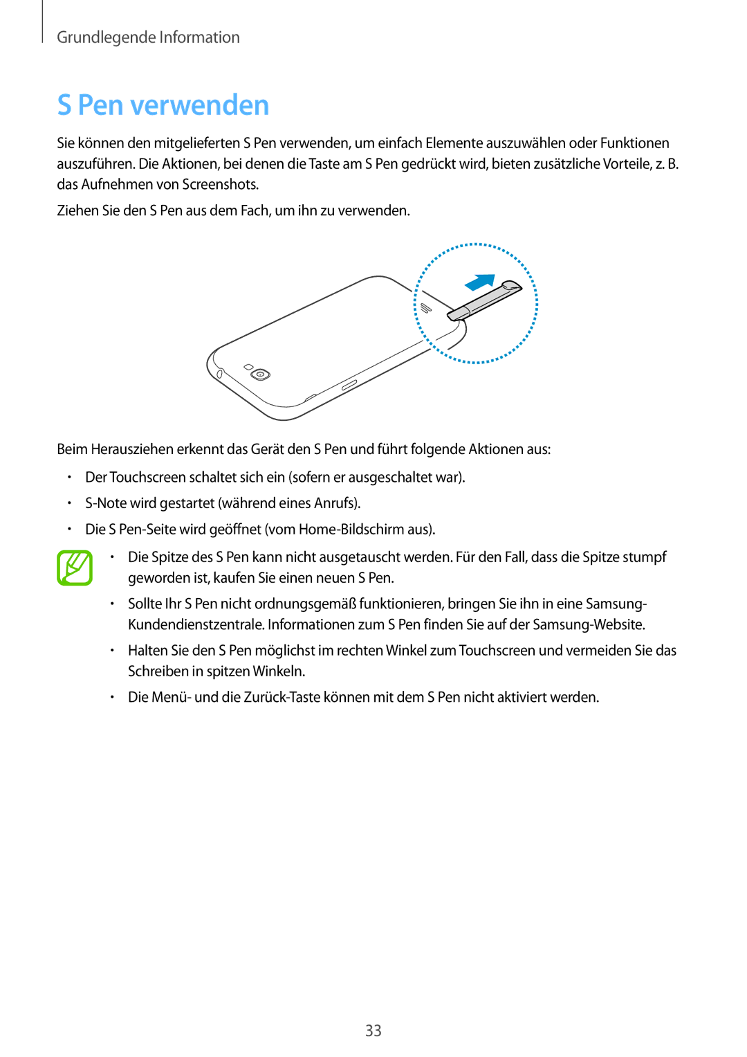 Samsung GT-N7100ZNDDBT, GT-N7100ZNDTUR, GT-N7100ZBDTUR, GT-N7100TAXDBT, GT-N7100RWDXEO, GT-N7100RWDTPH manual Pen verwenden 