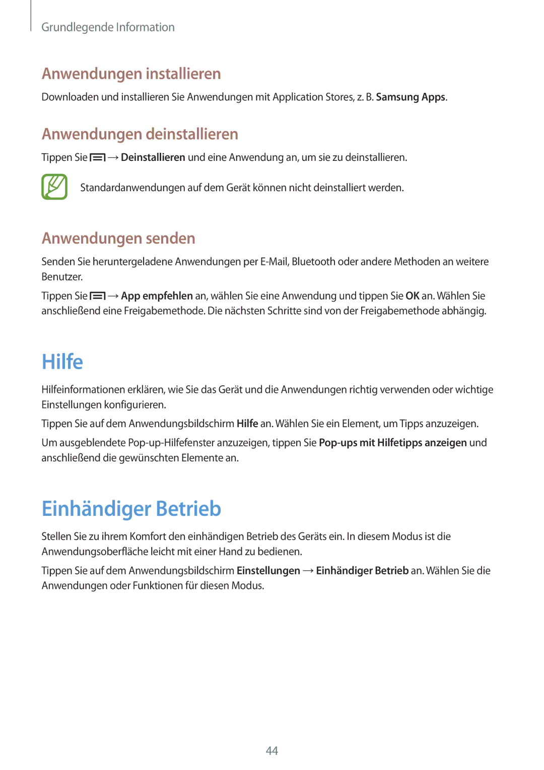 Samsung GT-N7100TADVIA, GT-N7100ZNDTUR Hilfe, Einhändiger Betrieb, Anwendungen installieren, Anwendungen deinstallieren 