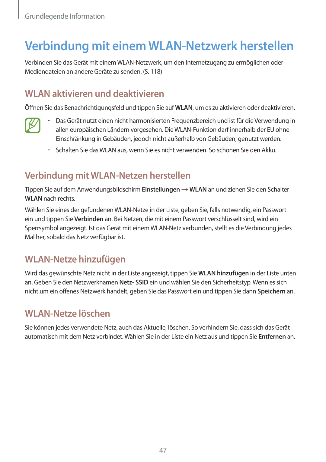 Samsung GT-N7100RWDWIN Wlan aktivieren und deaktivieren, Verbindung mit WLAN-Netzen herstellen, WLAN-Netze hinzufügen 