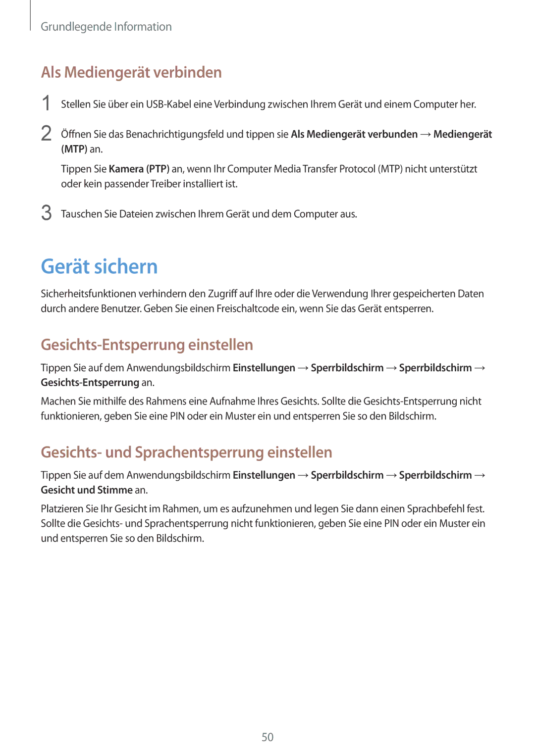 Samsung GT-N7100TADTUR, GT-N7100ZNDTUR manual Gerät sichern, Als Mediengerät verbinden, Gesichts-Entsperrung einstellen 