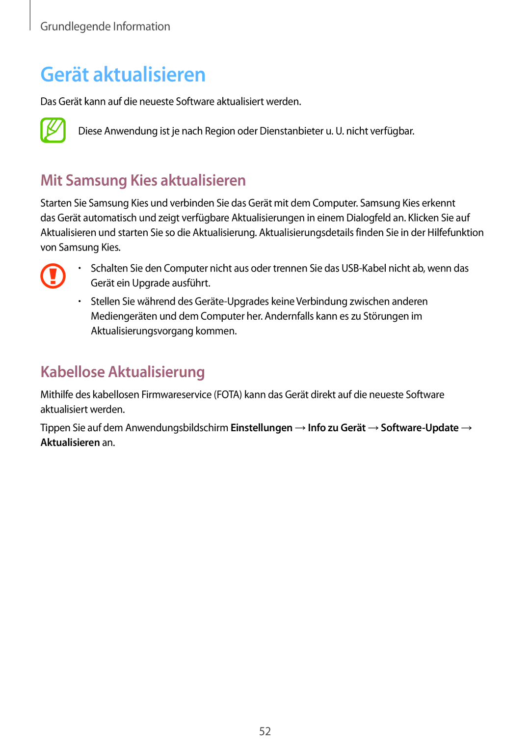 Samsung GT-N7100RWXDBT, GT-N7100ZNDTUR manual Gerät aktualisieren, Mit Samsung Kies aktualisieren, Kabellose Aktualisierung 