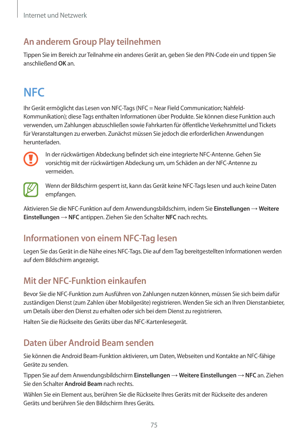 Samsung GT-N7100ZBDTUR, GT-N7100ZNDTUR manual An anderem Group Play teilnehmen, Informationen von einem NFC-Tag lesen 