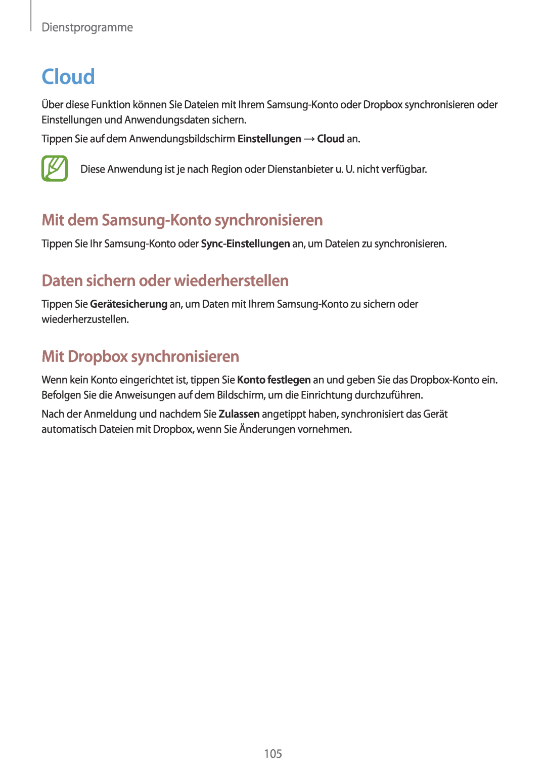 Samsung GT-N7100RWDVD2 Cloud, Mit dem Samsung-Konto synchronisieren, Daten sichern oder wiederherstellen, Dienstprogramme 