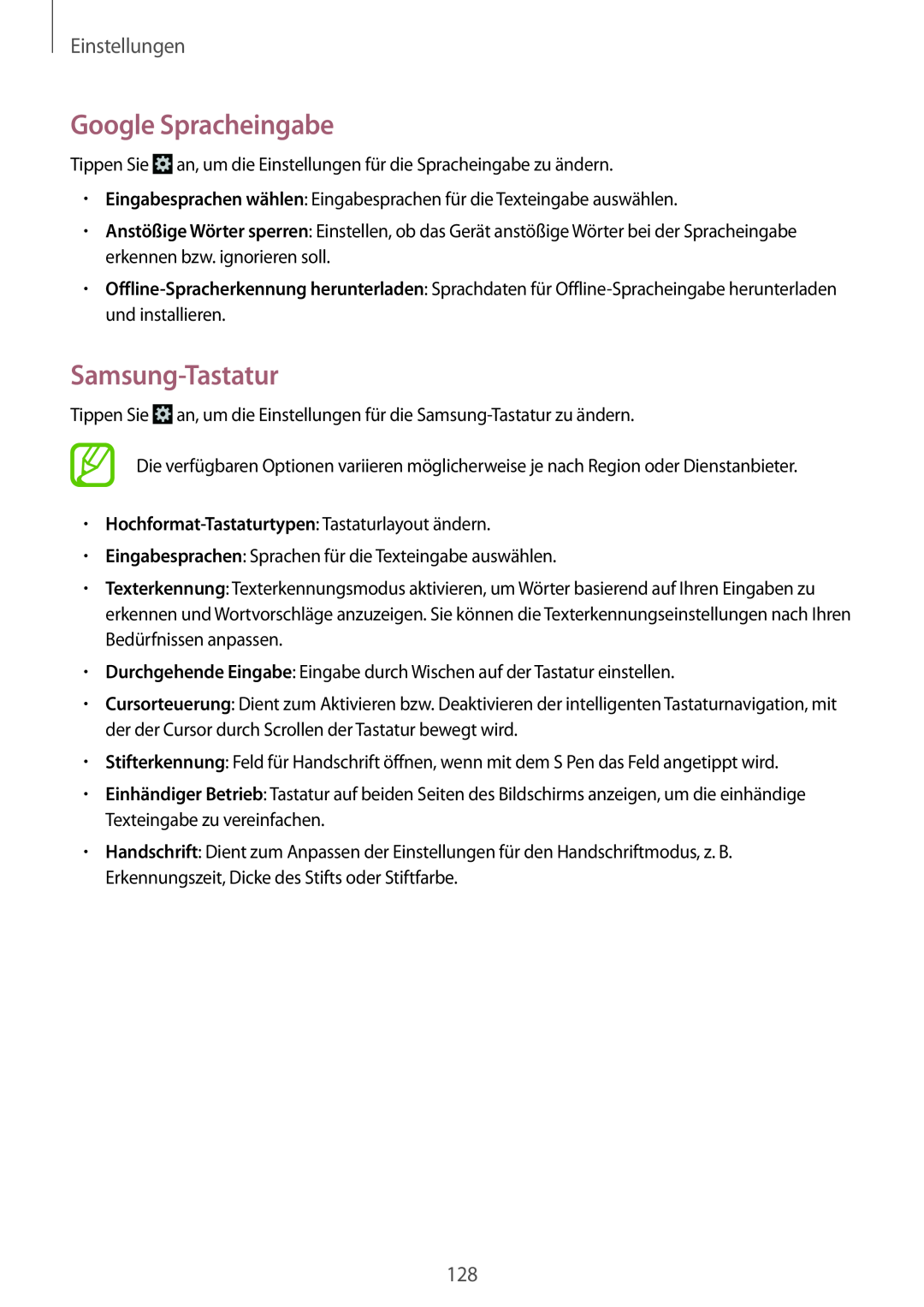 Samsung GT-N7100VSDDBT manual Google Spracheingabe, Samsung-Tastatur, Hochformat-Tastaturtypen Tastaturlayout ändern 
