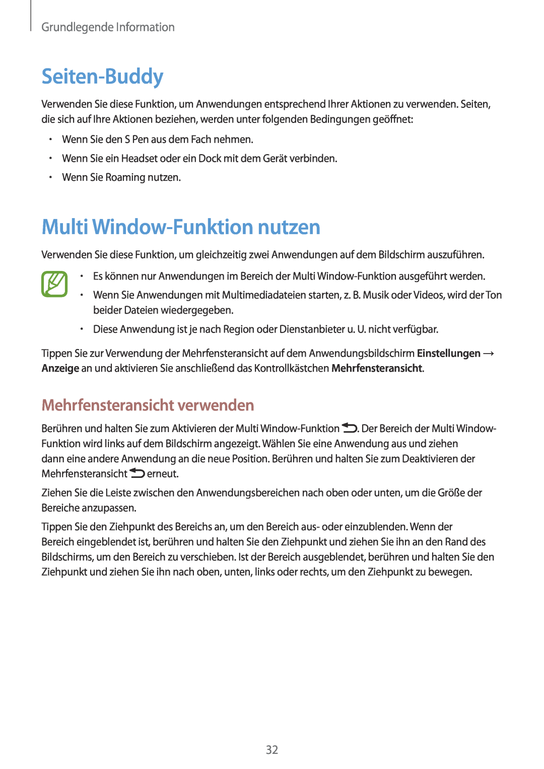 Samsung GT-N7100TADO2U Seiten-Buddy, Multi Window-Funktion nutzen, Mehrfensteransicht verwenden, Grundlegende Information 
