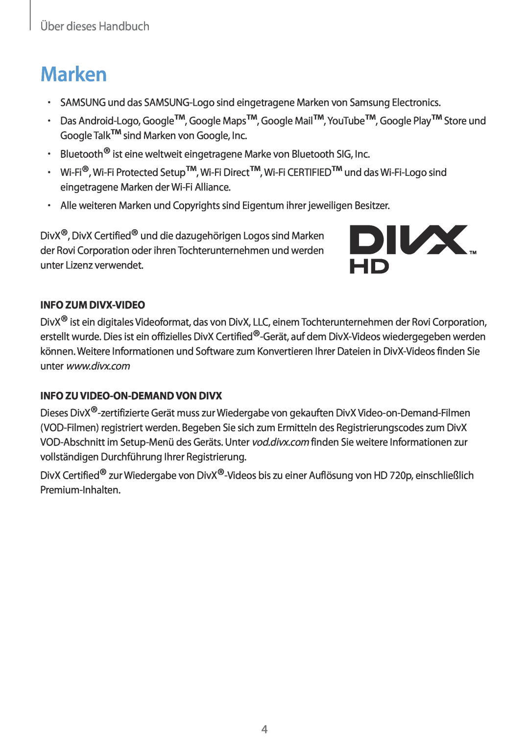 Samsung GT-N7100RWDTPH, GT-N7100ZNDTUR Marken, Info Zum Divx-Video, Info Zu Video-On-Demand Von Divx, Über dieses Handbuch 