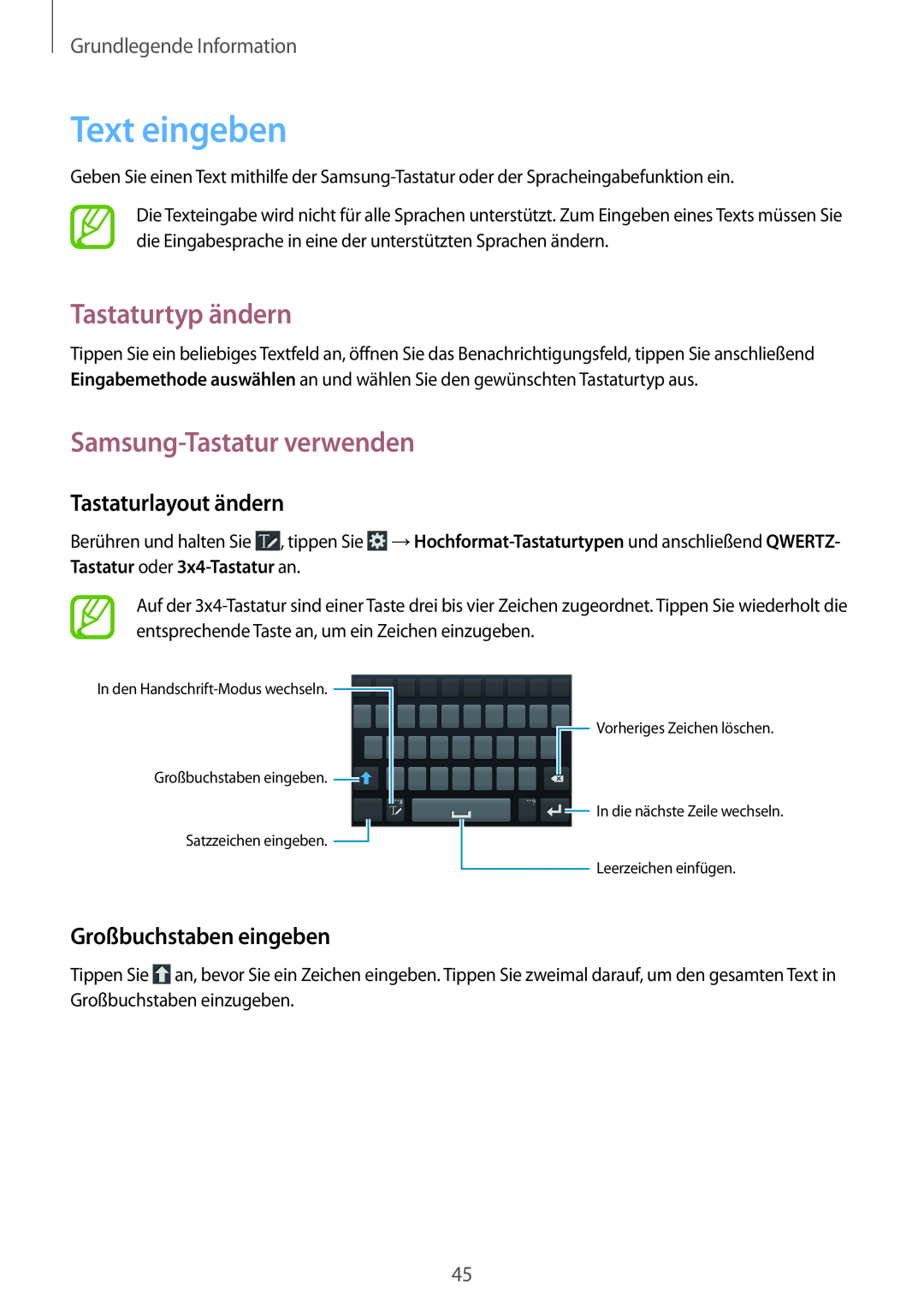 Samsung GT-N7100TADEPL manual Text eingeben, Tastaturtyp ändern, Samsung-Tastatur verwenden, Tastaturlayout ändern 