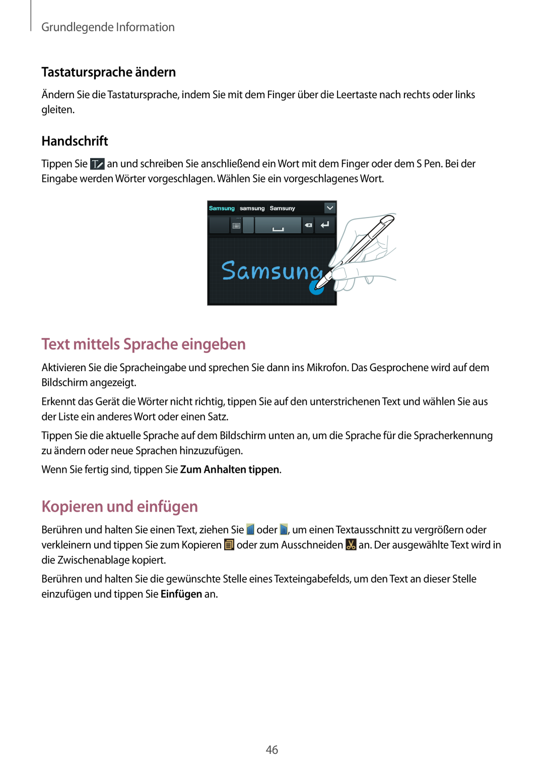 Samsung GT-N7100TADCOS manual Text mittels Sprache eingeben, Kopieren und einfügen, Tastatursprache ändern, Handschrift 
