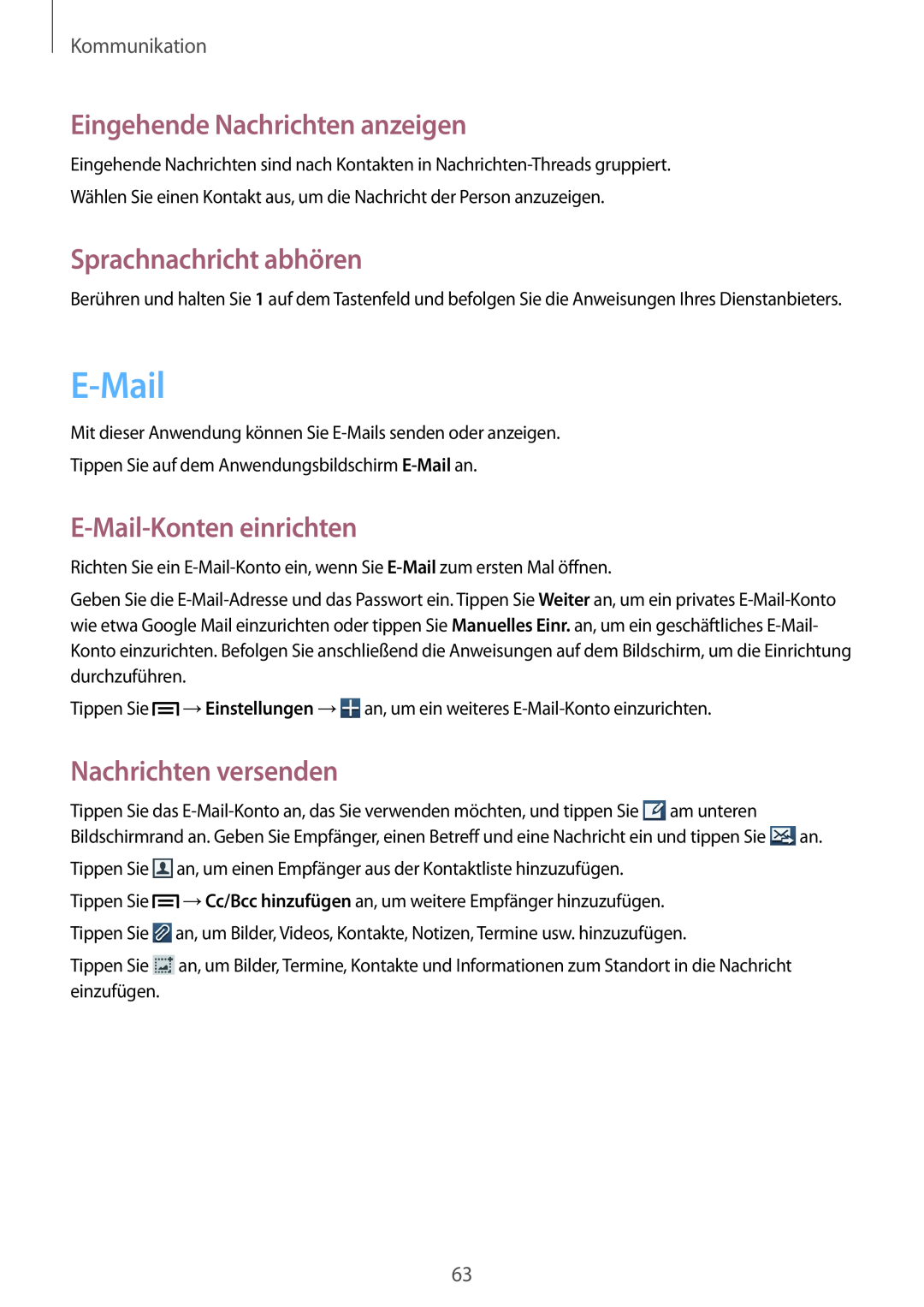 Samsung GT-N7100RWDTUR manual Eingehende Nachrichten anzeigen, Sprachnachricht abhören, E-Mail-Konten einrichten 