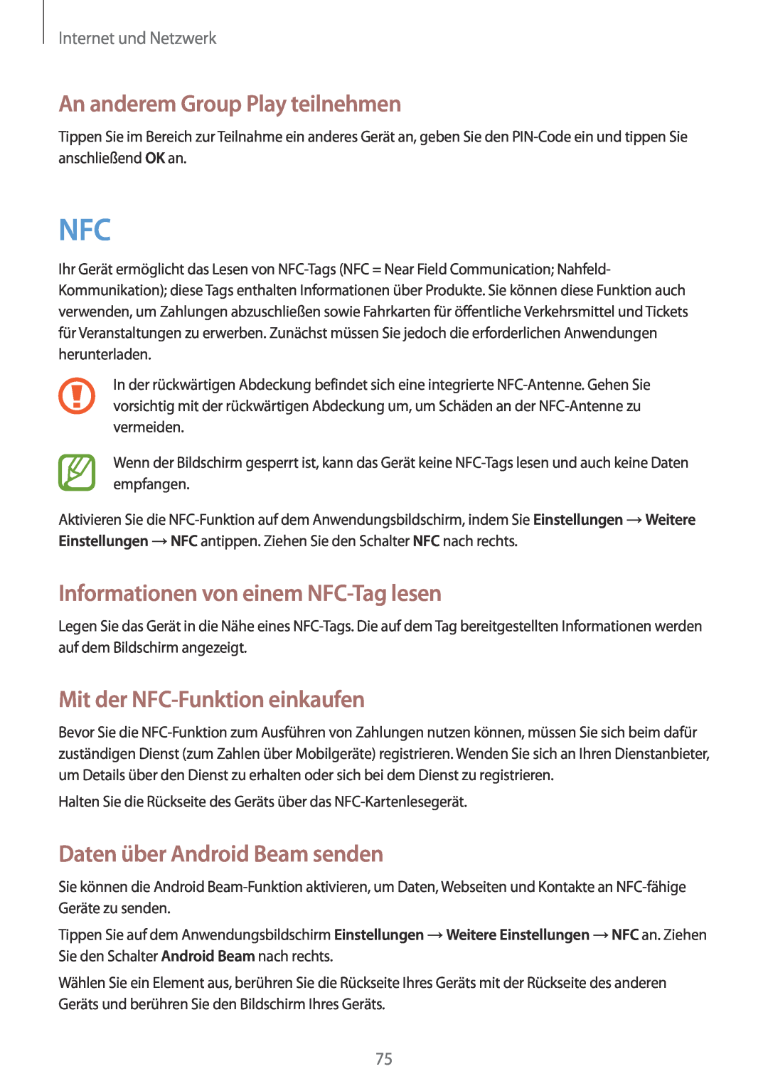 Samsung GT-N7100ZBDTUR An anderem Group Play teilnehmen, Informationen von einem NFC-Tag lesen, Internet und Netzwerk 