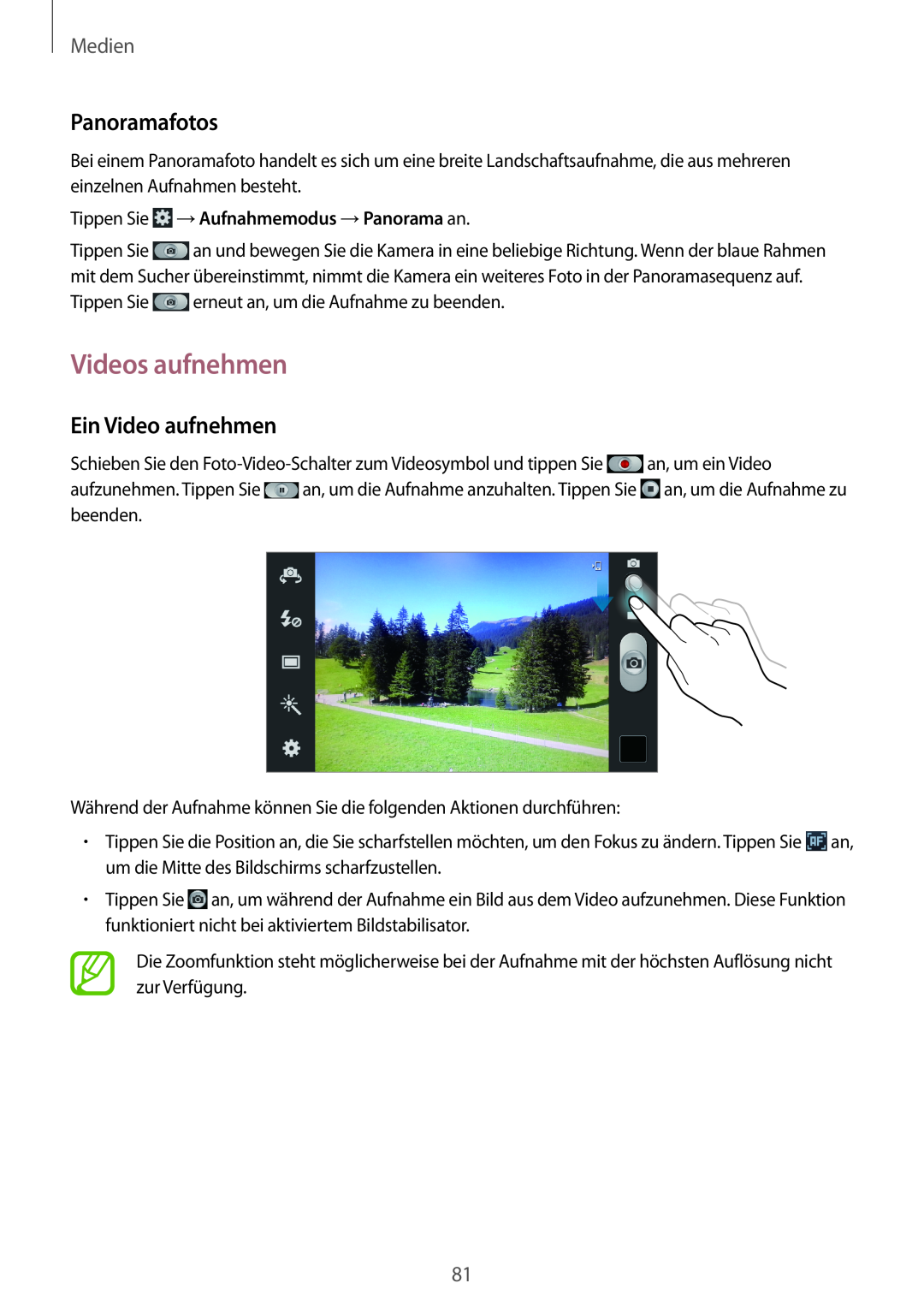 Samsung GT-N7100TADVIA manual Videos aufnehmen, Panoramafotos, Ein Video aufnehmen, Tippen Sie →Aufnahmemodus →Panorama an 