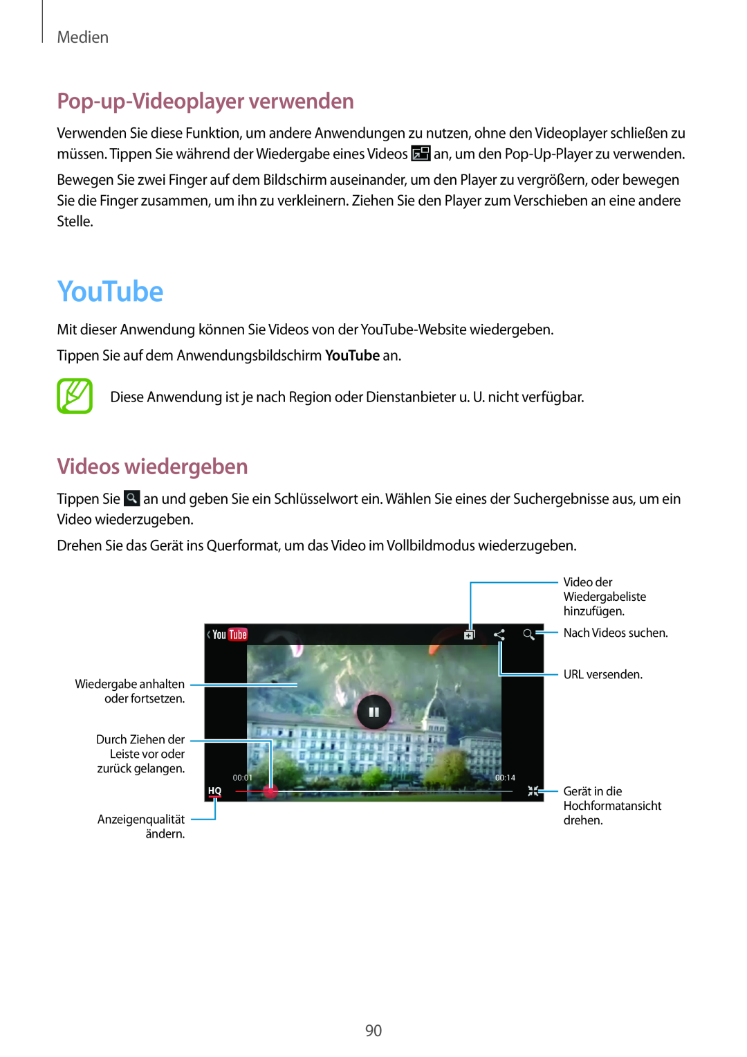 Samsung GT-N7100RWDITV manual YouTube, Pop-up-Videoplayer verwenden, Videos wiedergeben, Medien, Anzeigenqualität ändern 