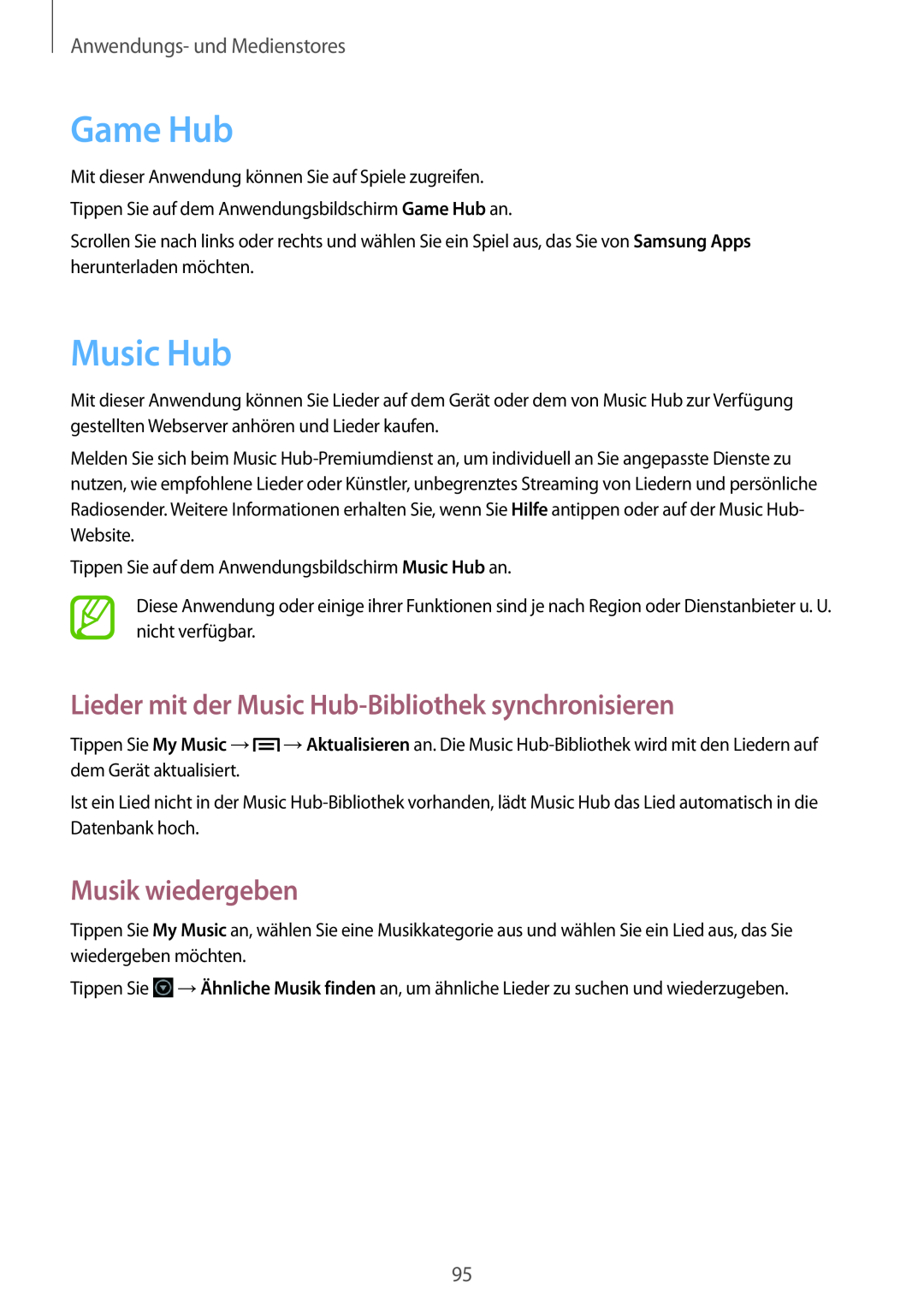 Samsung GT-N7100TADDBT manual Game Hub, Lieder mit der Music Hub-Bibliothek synchronisieren, Musik wiedergeben 
