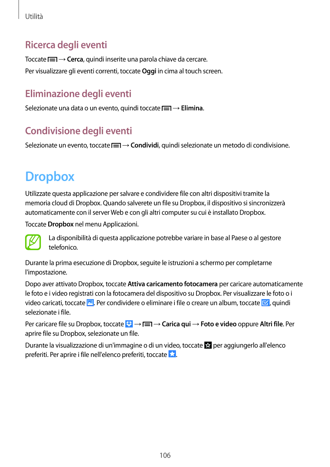 Samsung GT-N7100TADOMN, GT-N7100ZRDTUR Dropbox, Ricerca degli eventi, Eliminazione degli eventi, Condivisione degli eventi 