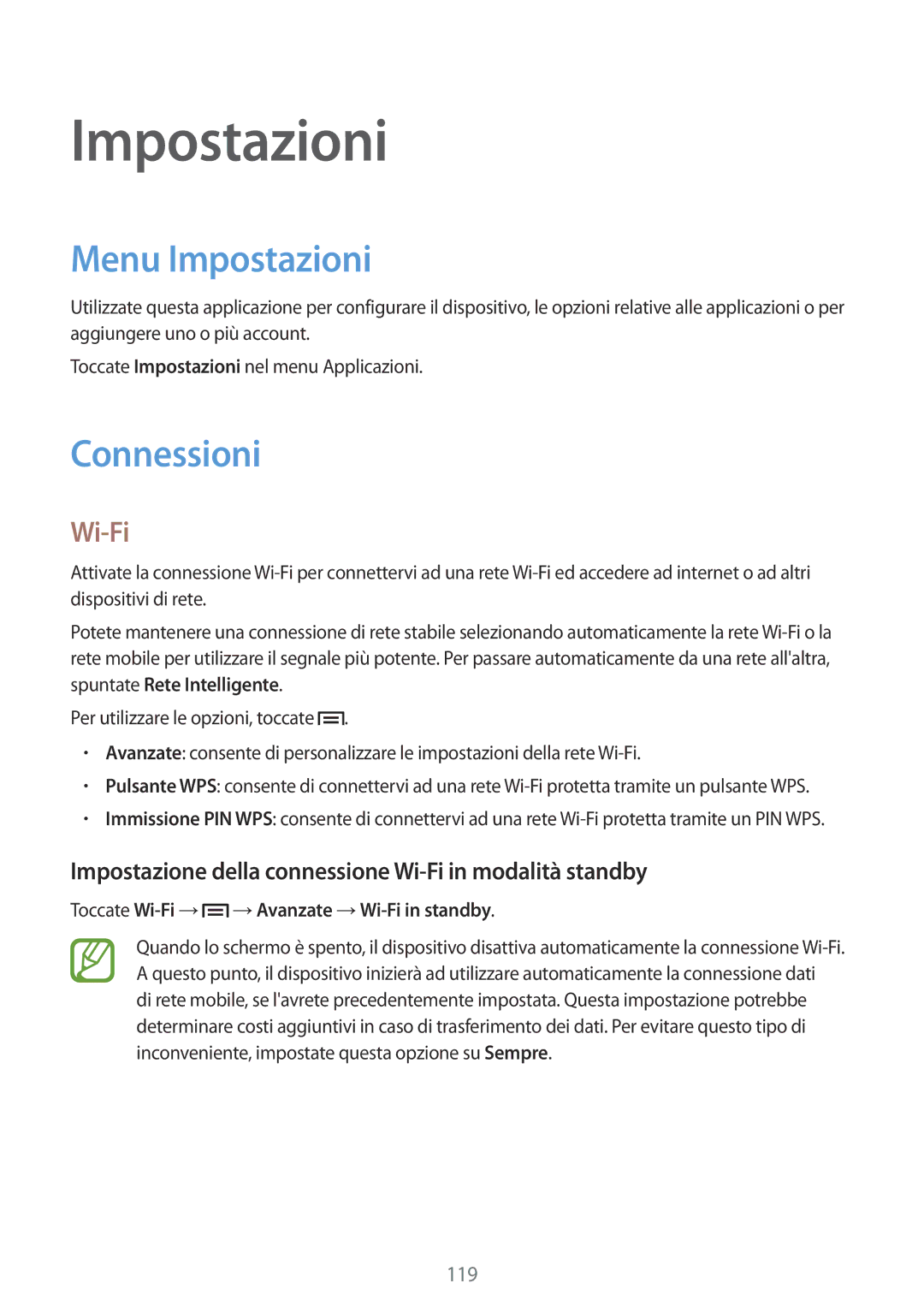 Samsung GT-N7100RWDTUR manual Menu Impostazioni, Connessioni, Impostazione della connessione Wi-Fi in modalità standby 