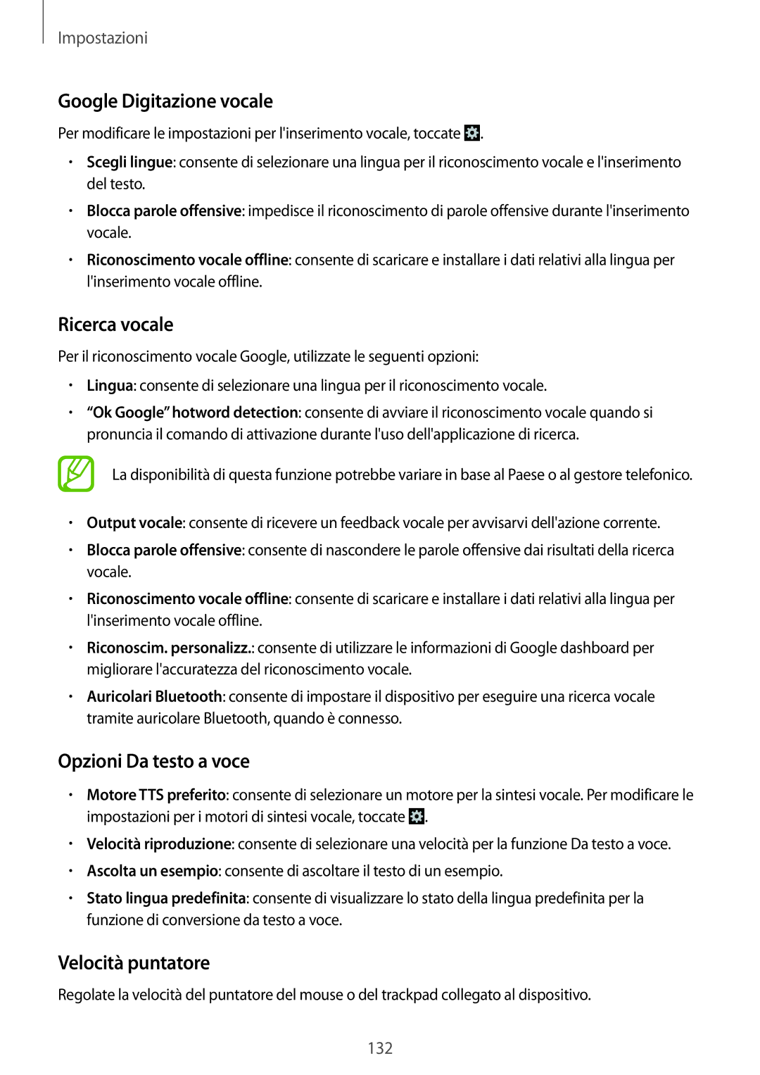 Samsung GT-N7100TADTIM manual Google Digitazione vocale, Ricerca vocale, Opzioni Da testo a voce, Velocità puntatore 