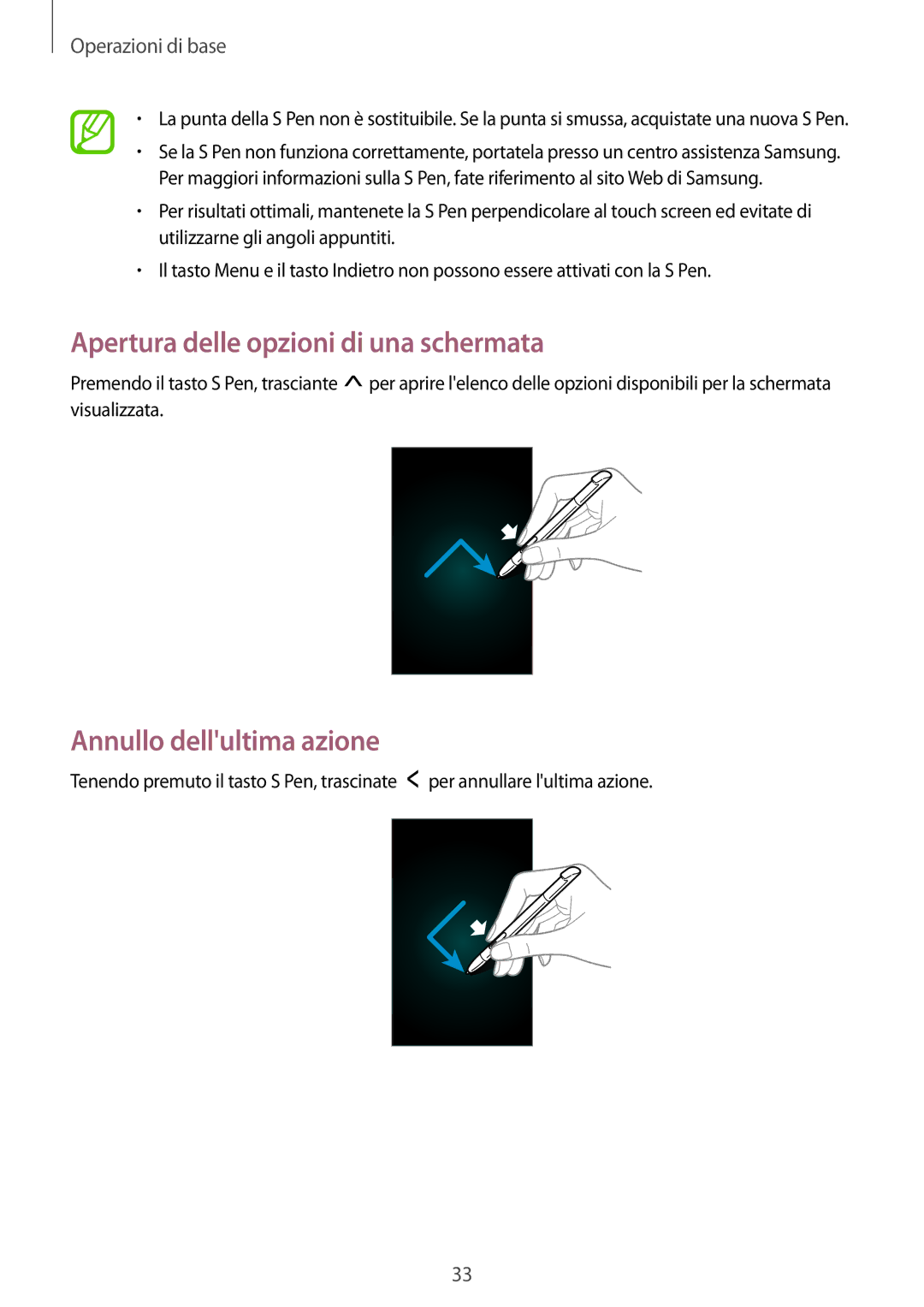 Samsung GT-N7100ZBDTIM, GT-N7100ZRDTUR, GT-N7100RWDWIN Apertura delle opzioni di una schermata, Annullo dellultima azione 