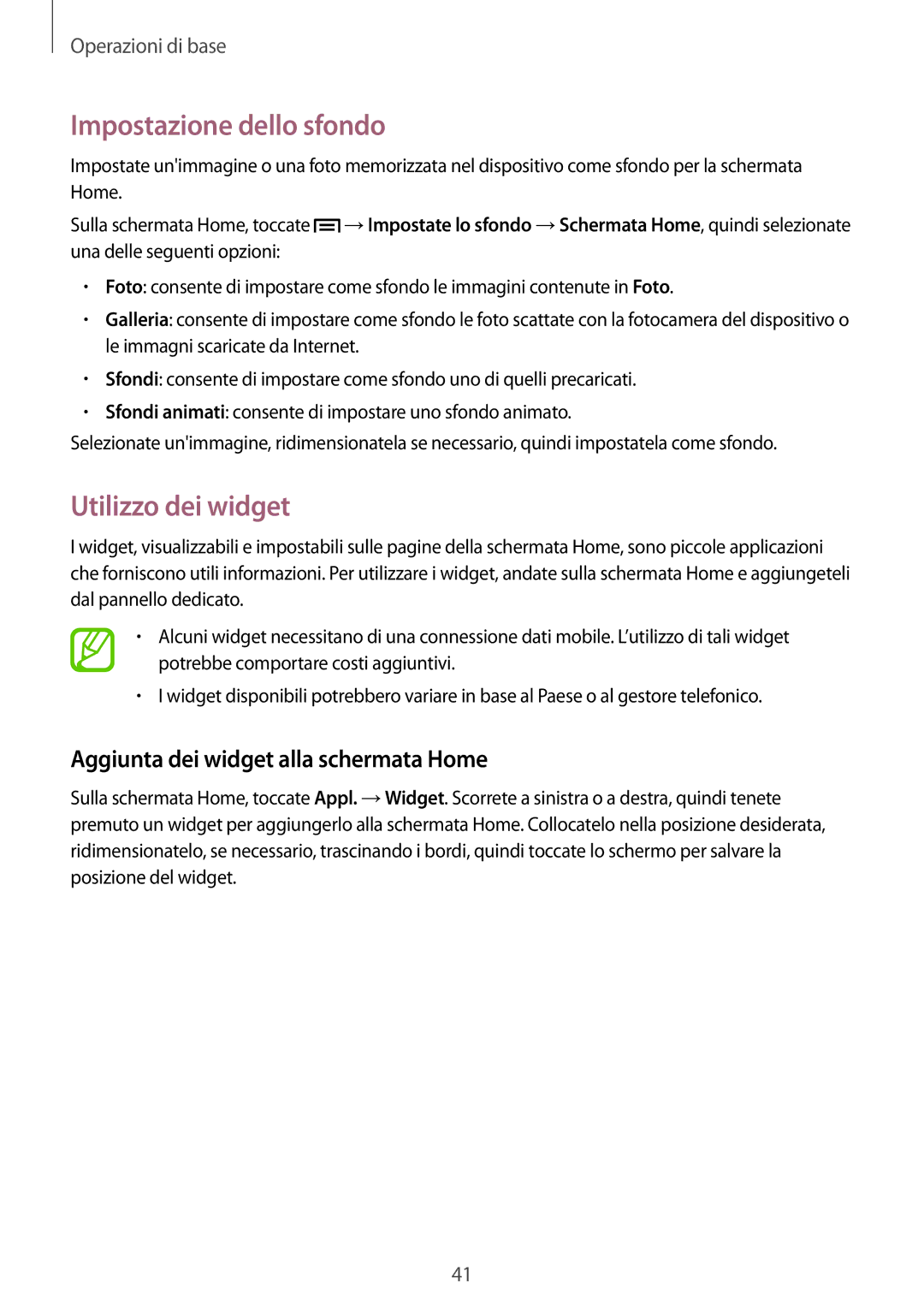 Samsung GT-N7100RWDTIM manual Impostazione dello sfondo, Utilizzo dei widget, Aggiunta dei widget alla schermata Home 