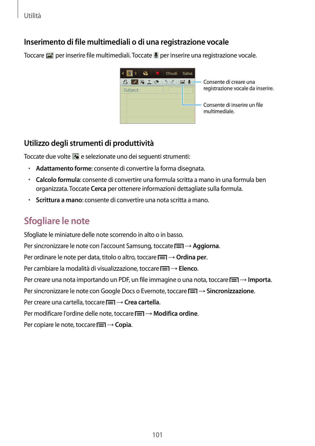 Samsung GT-N7100VSDTIM, GT-N7100ZRDTUR, GT-N7100RWDWIN manual Sfogliare le note, Utilizzo degli strumenti di produttività 