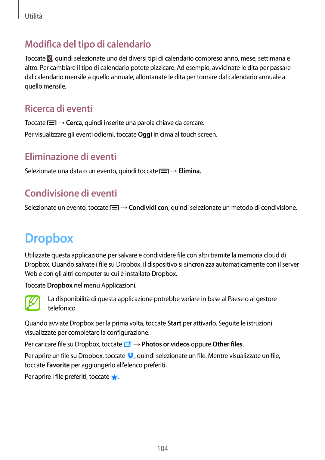 Samsung GT-N7100VSDHUI, GT-N7100ZRDTUR Dropbox, Modifica del tipo di calendario, Ricerca di eventi, Eliminazione di eventi 