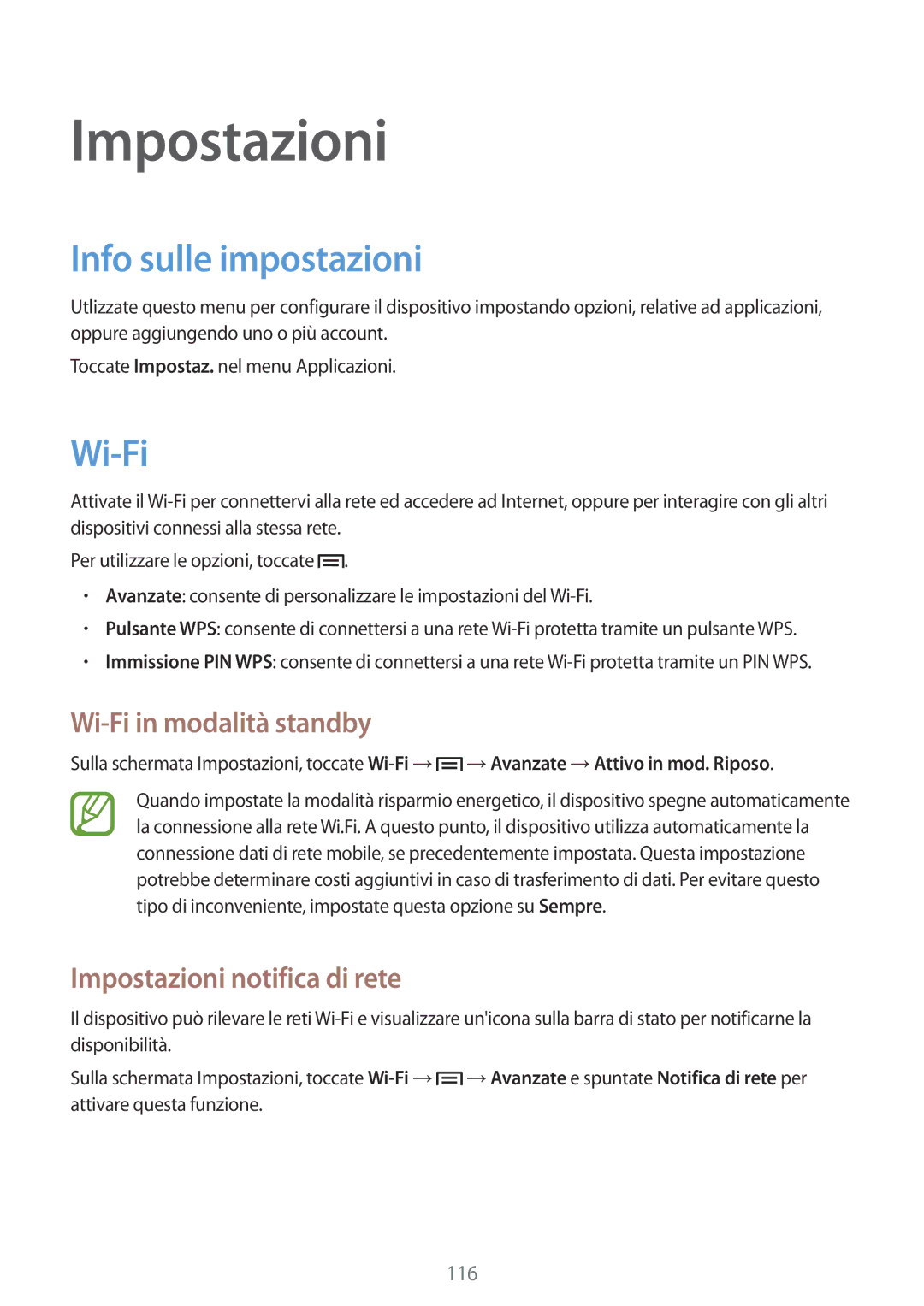 Samsung GT-N7100RWDWIN manual Info sulle impostazioni, Wi-Fi in modalità standby, Impostazioni notifica di rete 